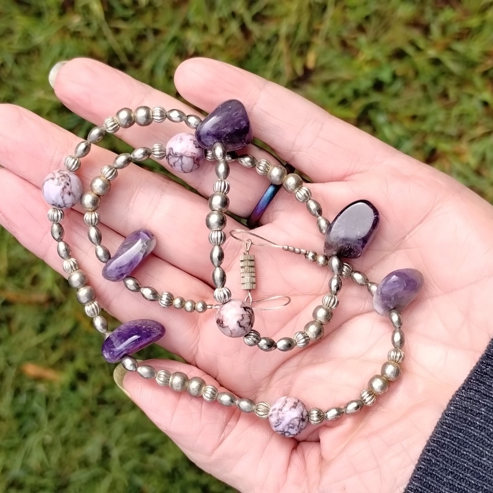 Vintage Amethyst silver toned beaded necklace Shabby chic BohoChic Bohemian ..